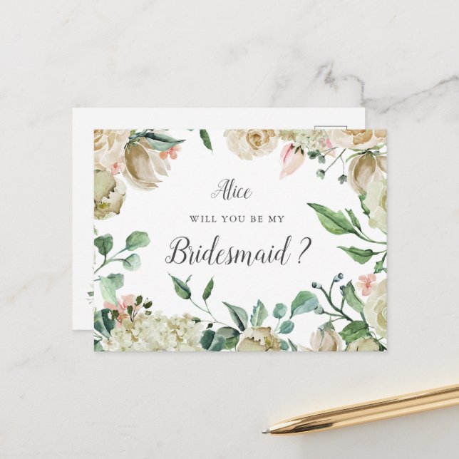 Spring Creme Garden Floral Bridesmaid Postkarte (Vorderseite/Rückseite Beispiel)