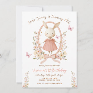 Spring Cute Floral Bunny Rabbit 1st Birthday  Einladung