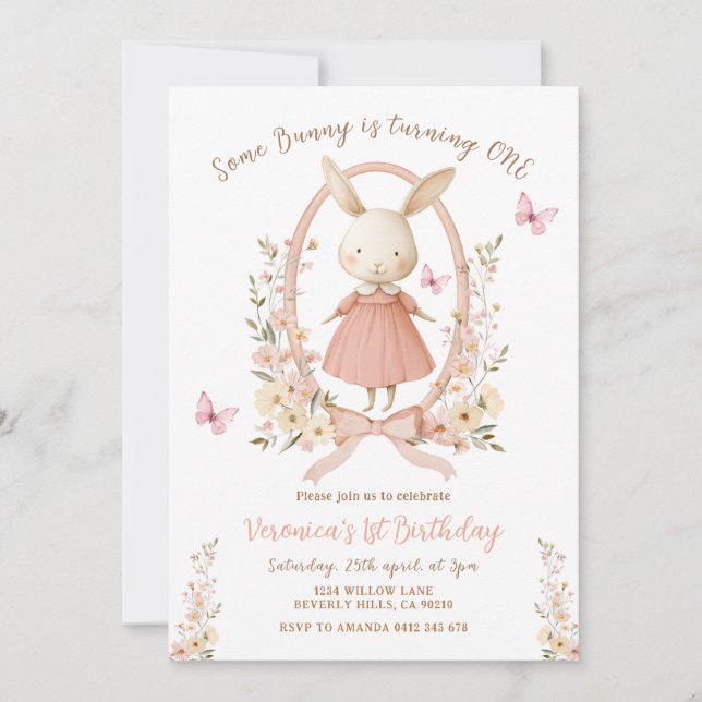 Spring Cute Floral Bunny Rabbit 1st Birthday  Einladung (Vorderseite)