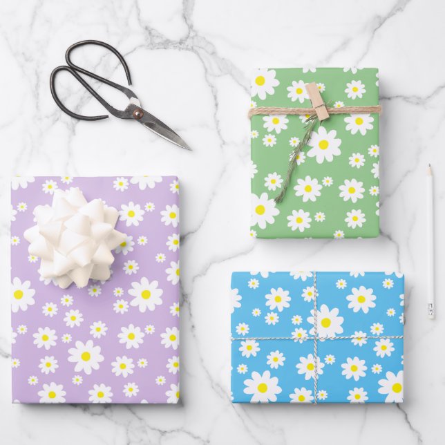 Spring Daisy Muster Pastel Lila Blue Green Geschenkpapier Set (Vorderseite)