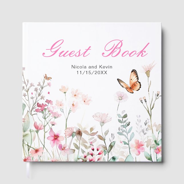 Spring Deep Pink Butterfly Floral Wedding Gästebuch (Vorderseite)