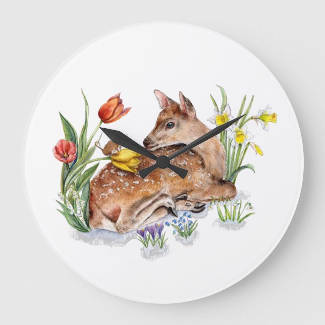 Spring Deer Große Wanduhr (Vorderseite)