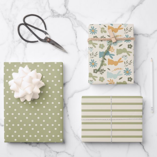 Spring Elegance Champagne & Green Bunny Set 3 Geschenkpapier Set (Vorderseite)