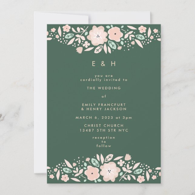 Spring Emerald Green Boho Small Florals Wedding Einladung (Vorderseite)