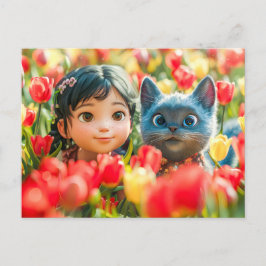 Spring Fantasy Girl and Cat in Tulips Feiertagspostkarte
