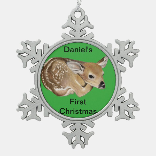 Spring Fawn Schneeflocken Zinn-Ornament (Vorderseite)
