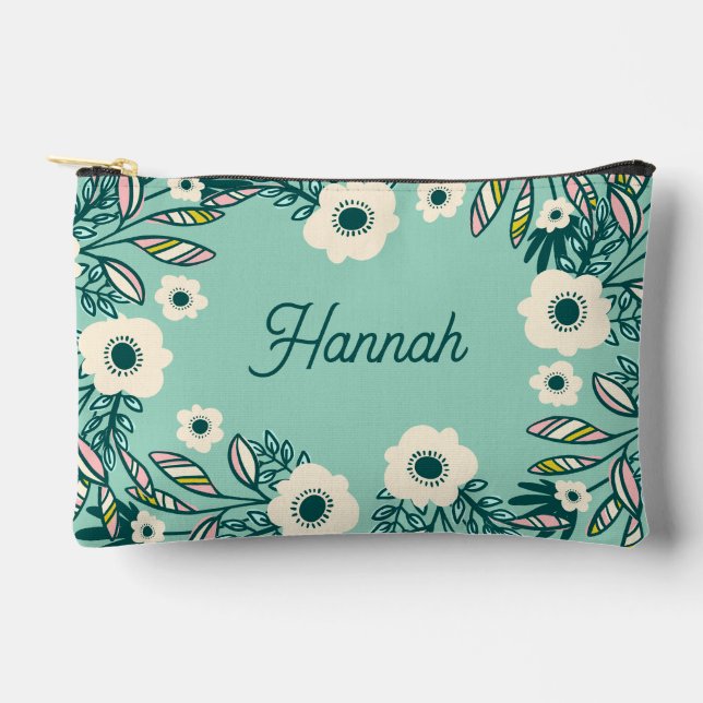 Spring Floral Accessory Pouch – White & Teal Zubehörtasche (Vorderseite)