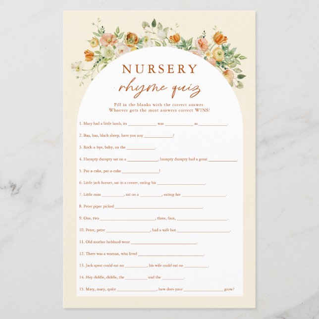 Spring Floral Kinderzimmer Rhymes Quiz Baby Showsp (Vorderseite)