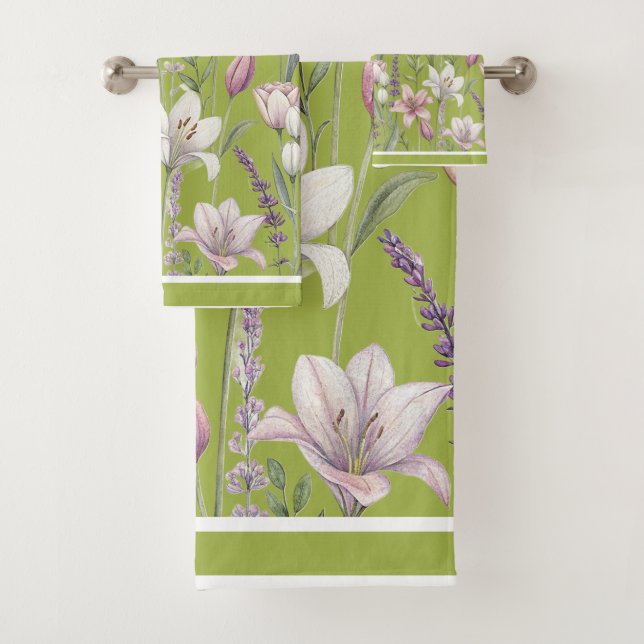 Spring Florals with Meadow Green Background Badhandtuch Set (Insitu)