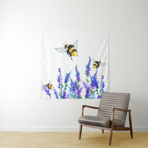 Spring Flowers and Bees Flying Tapestry Wandteppich