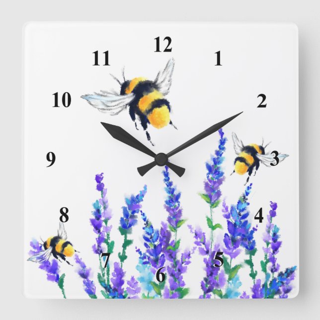 Spring Flowers and Bees Flying Wall Clock Quadratische Wanduhr (Vorderseite)