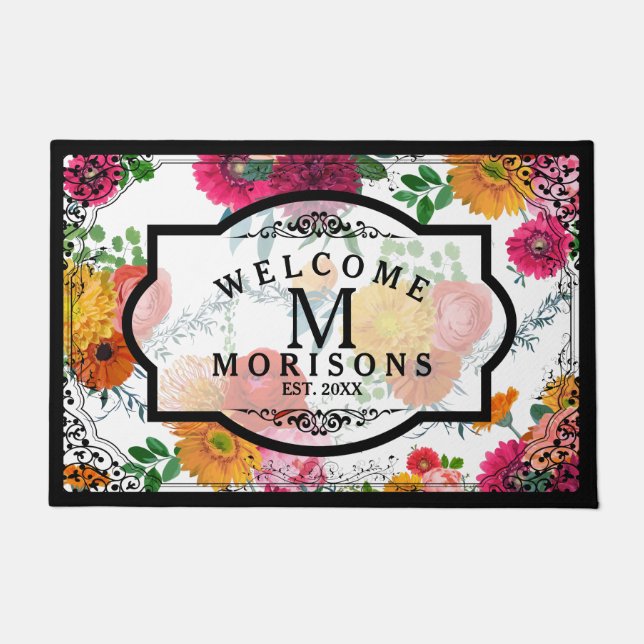 Spring Flowers & Black Vintage Floral Frame Fußmatte (Vorderseite)