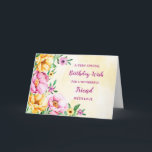 Spring Flowers Friend Geburtstagskarte Karte<br><div class="desc">Hübsche und nachdenkliche Begrüßungskarte zum Geburtstag Ihres Freundes mit gelben,  lila und rosa Frühlingsblumen,  rustikalem Aquarellmuster und handgeschriebenem Stiltext.</div>