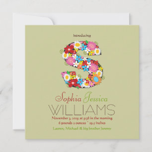 Spring Flowers Monogram Baby Girl Foto Birth Ankündigung