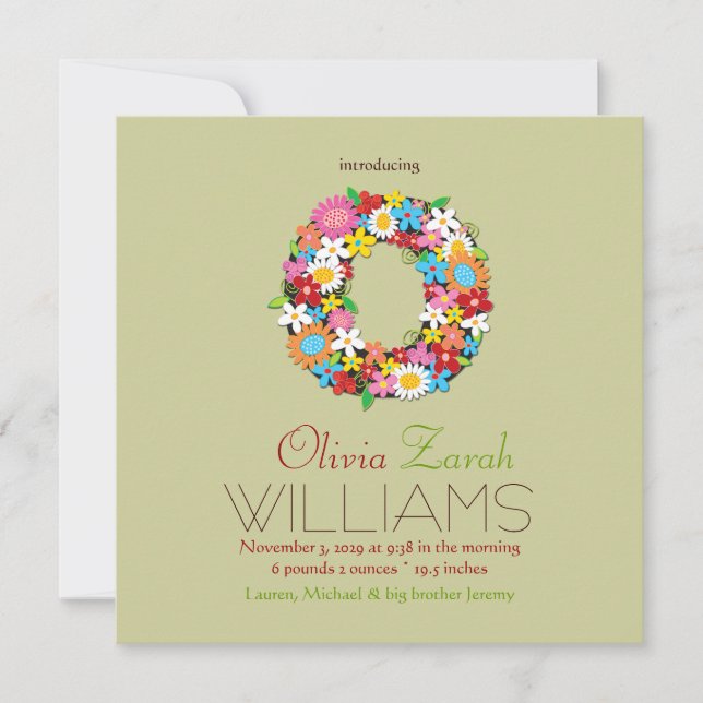 Spring Flowers Monogram Baby Girl Foto Birth Ankündigung (Vorderseite)