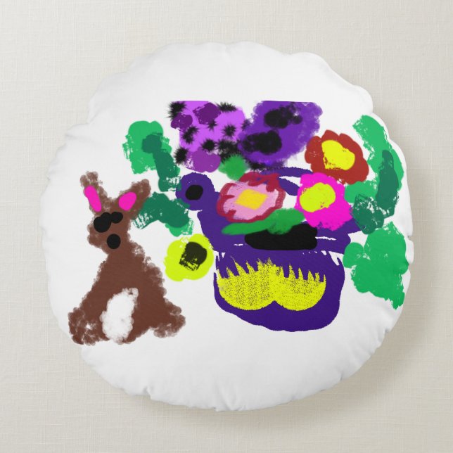 Spring flowers Rabbit joy Rundes Kissen (Vorderseite)