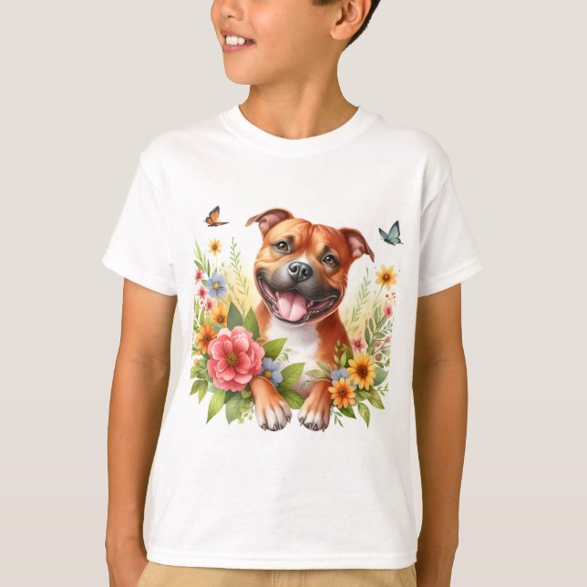 Spring Flowers Red Staffordshire Bull Terrier - T-Shirt (Vorderseite)