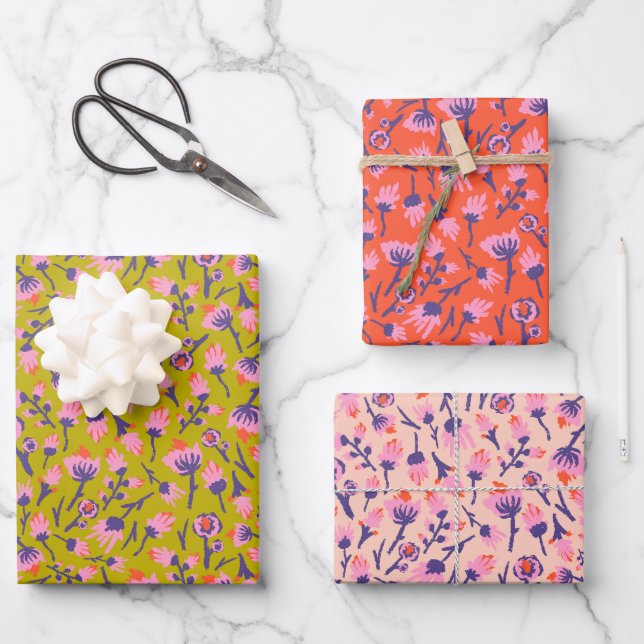 Spring Flowers Yellow Pink purp Botanical  Floral  Geschenkpapier Set (Vorderseite)