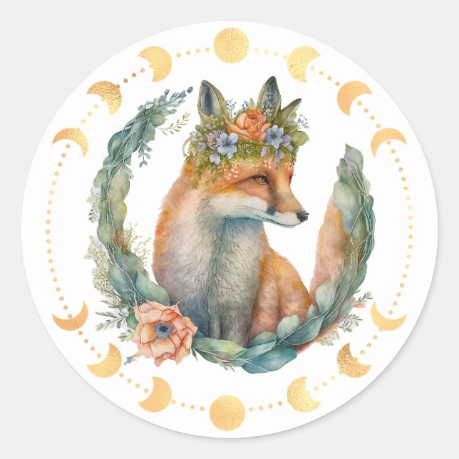 Spring Fox Moon Phase Runder Aufkleber (Vorderseite)