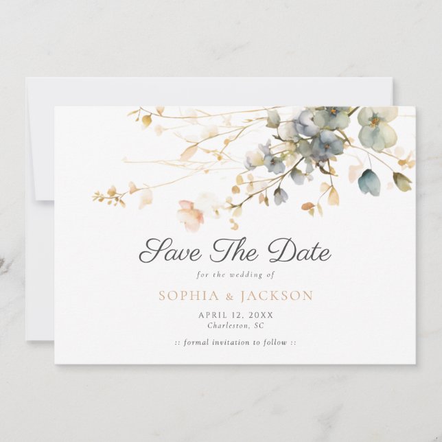 Spring Garden Boho Wildblumen Beige Blue Wedding Save The Date (Vorderseite)