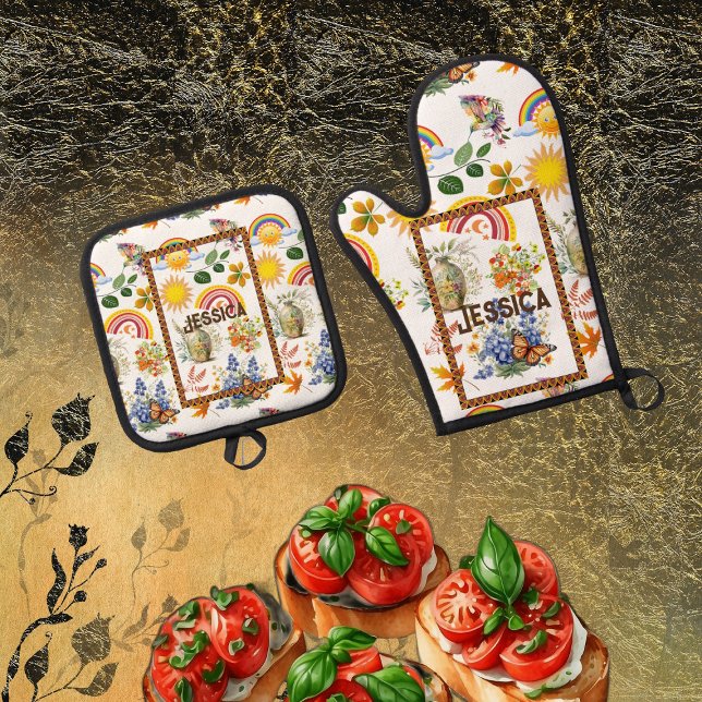 Spring Garden Butterfly Regenbogen Sonnenschein Gr Ofenhandschuh & Topflappen-Set (Spring Garden Butterfly Rainbow Sunshine Greenery Oven Mitt & Pot Holder Set)