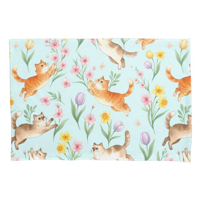 Spring Garden Romp – Playful Cats & Blossoms Kissenbezug (Vorderseite)