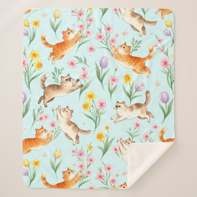 Spring Garden Romp – Playful Cats & Blossoms Sherpadecke (Vorderseite)