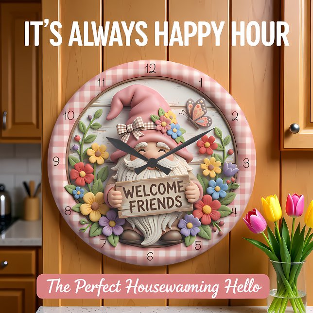Spring Gnome Welcome Friends Große Wanduhr (Von Creator hochgeladen)