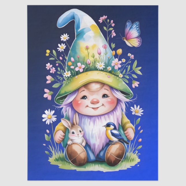 Spring Gnome with Bunny and Bluebird Seidenpapier (Vorderseite)