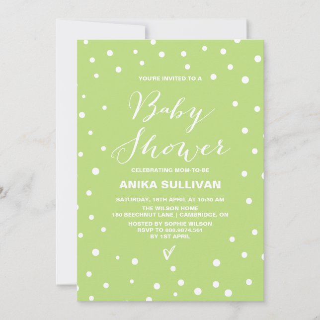 Spring Green Confetti Dots Baby Dusche Einladung (Vorderseite)