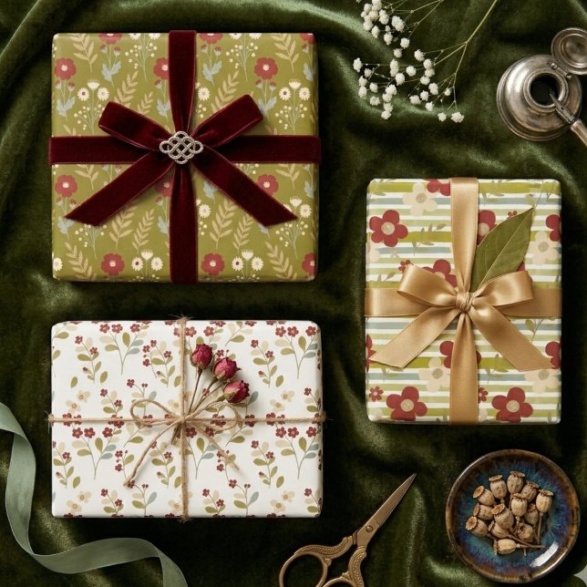 Spring Green Red Botanical Bloom Watercolor TMF26 Geschenkpapier Set (Colorful Floral and Blossom Wrapping Paper Sheets Set with Three Green and Red Watercolor Effect.)