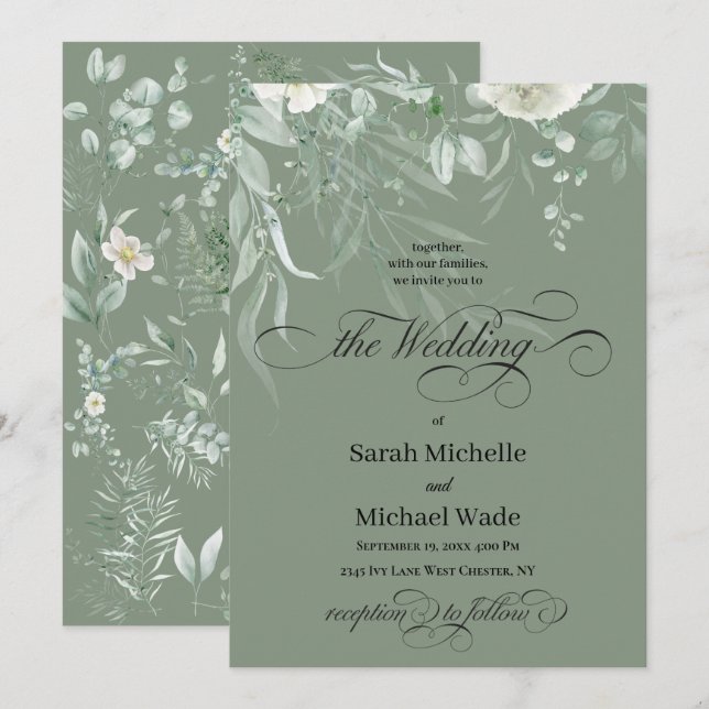 Spring Greenery Calligraphy Wedding Invitation Einladung (Vorne/Hinten)