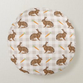 Spring Hare And Carrot Rustic Beige Gingham Easter Rundes Kissen