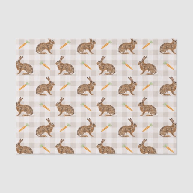 Spring Hare And Carrots Beige Gingham Easter Seidenpapier (Vorderseite)