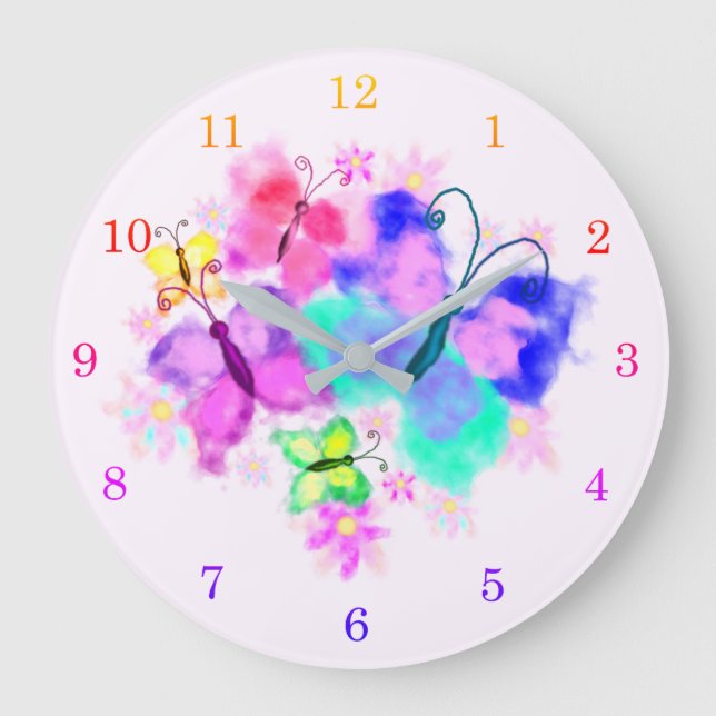 Spring Joy Butterflies Wall Clock - Aquarellkunst Große Wanduhr (Vorderseite)