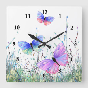 Spring Joy - Colorful Butterflies Flying in Nature Quadratische Wanduhr