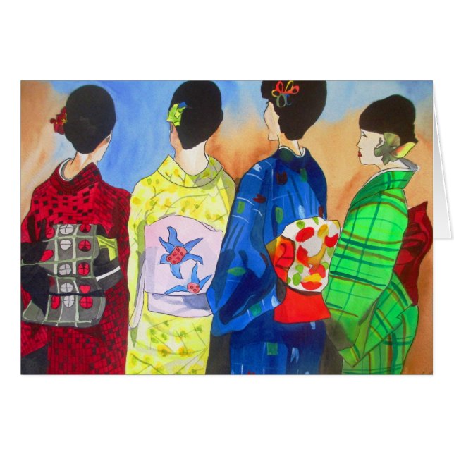 Spring Kimono Japanisch Geisha Aquarellkunst (Vorderseite (Horizontal))