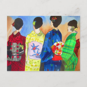 Spring Kimono Japanisch Geisha Aquarellkunst Postkarte