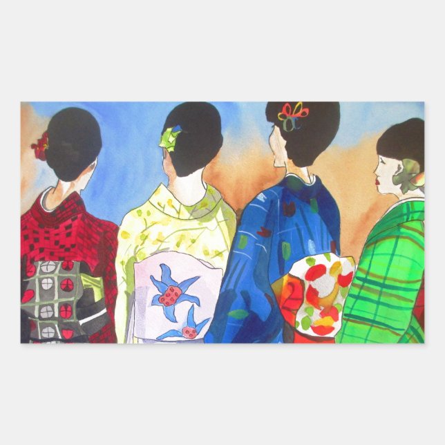 Spring Kimono Japanisch Geisha Art Rechteckiger Aufkleber (Vorderseite)