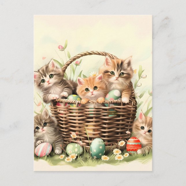 Spring Kitten Oaster Basket Feiertagspostkarte (Vorderseite)