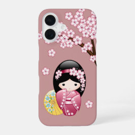 Spring Kokeshi Doll - Cute Japanese Geisha on Pink iPhone 16 Hülle