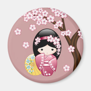 Spring Kokeshi Doll - Cute Japanese Geisha on Pink Magnet