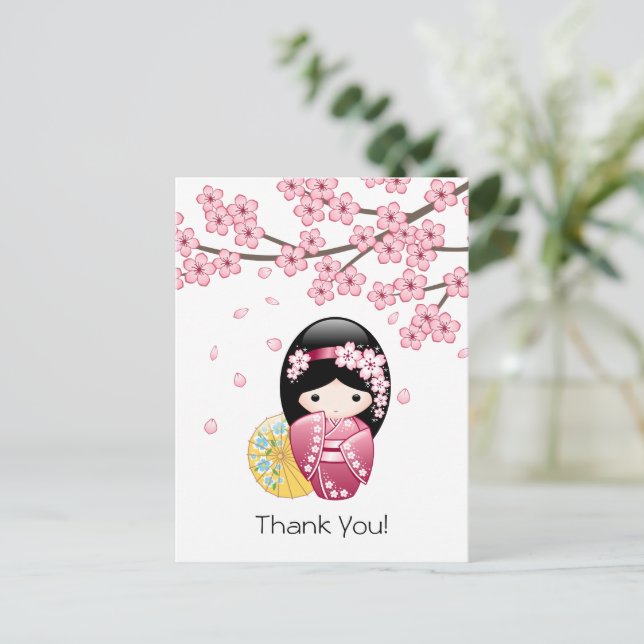 Spring Kokeshi Doll - Japanisch Geisha Danke Postkarte (Stehend Vorderseite)