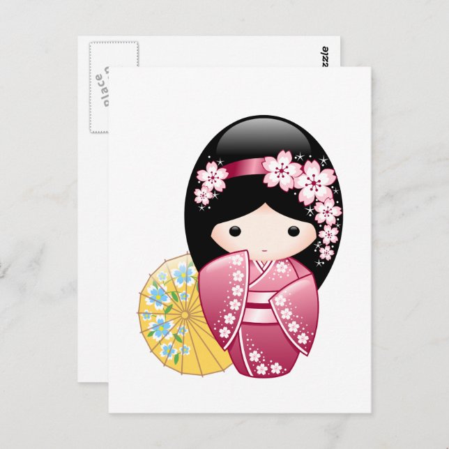 Spring Kokeshi Doll - Japanisch Geisha Girl Postkarte (Vorne/Hinten)