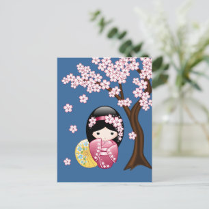 Spring Kokeshi Doll - Japanisch Geisha Miss You Postkarte
