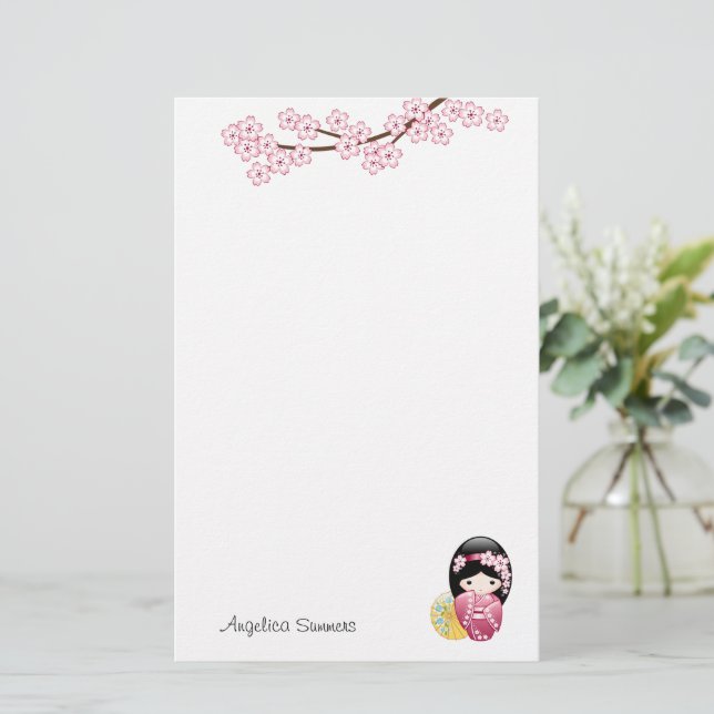 Spring Kokeshi Doll Niedlich Geisha Girl Briefpapier (Stehend Vorderseite)