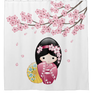 Spring Kokeshi Doll Niedlich Geisha Girl Duschvorhang