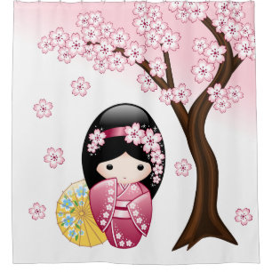 Spring Kokeshi Doll Niedlich Japanisch Geisha Girl Duschvorhang