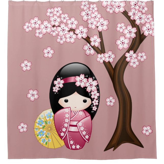 Spring Kokeshi Doll Niedlich Japanisch Geisha Girl Duschvorhang (Vorderseite)