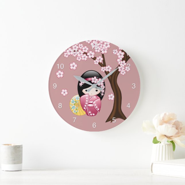 Spring Kokeshi Doll - Niedliches japanisches Geish Große Wanduhr (Zuhause)